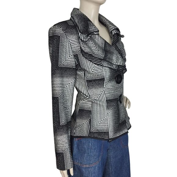 Joseph Ribkoff Chevron Print Black & Silver Tiered High Collar Peplum Jacket - Picture 3 of 14